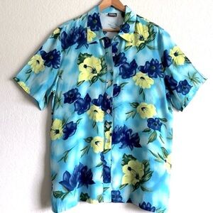 Vintage Europa Boutique Hawaiian Print Shirt Top Blouse Turquoise Hibisc…